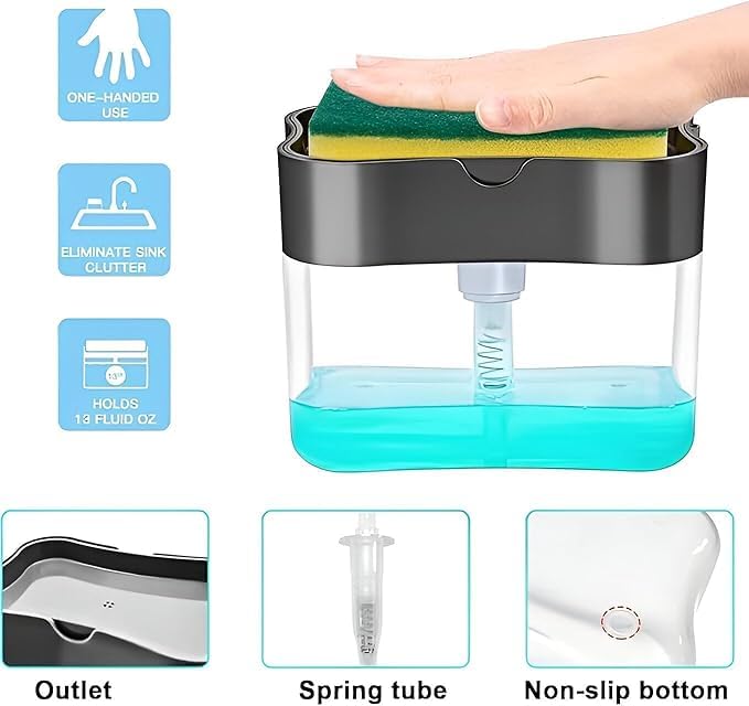 2-in-1 Soap Dispenser with Sponge Holder - Liquid Soap Pump for Bathroom & Kitchen Sink Accessories, Dishwasher Liquid Holder & Dishwashing Soap Dispenser 1