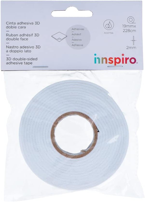 INNSPIRO Adhesivo espuma 3D cinta blanco Rollo 19x229cm, 2mm Grosor
