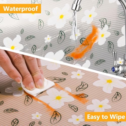 Image of EVA Fridge Shelf Liner Roll, Washable Drawer Mat Sheet, Cut-to-Size Cabinet & Refrigerator Shelf Protector, Food Contact Suitable Multipurpose Kitchen Table Liner Roll, 3 Meter (White Flower)