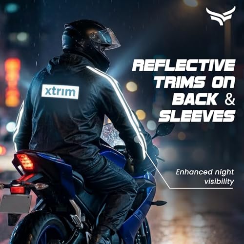 Image of Xtrim Rain Jacket Set for Men with Hood, Waterproof Top & Bottom Raincoat Suit, Windproof Polyester PVC Rainwear with Reflective Trim, Lightweight Foldable Outdoor Rain Gear for Bike Riding & Travel