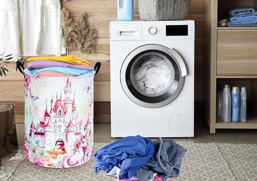 Image of Round Castle Pattern Laundry Hamper Clothes Storage Basket Fabric Storage Hamper Organization Storage Bin, Nursery Box,Gift Basket with Handles