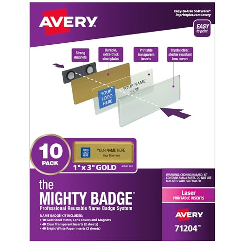 The Mighty Badge by Avery, 1" x 3" Gold Name Tags, 10 ID Badges, 80 Inserts for Laser Printers (71204)