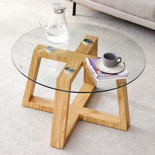 Fuerdich Coffee Table for Living Rooms, Small Round Coffee Table Made of Transparent Tempered Glass Tabletop and Wood Colored MDF Material Circle Desk for Bedrooms (Transparent + Glass)