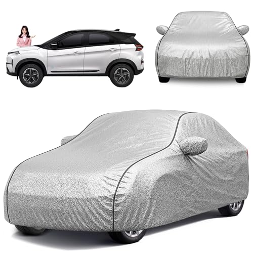 Image of Car Cover Compatible for Tata Nexon All Model & Years (2017-2025) 100% Waterproof with Mirror Pockets, Triple Stitched Bottom Elastic Dustproof Full Body Protection Heat & UV Resistant, Silver