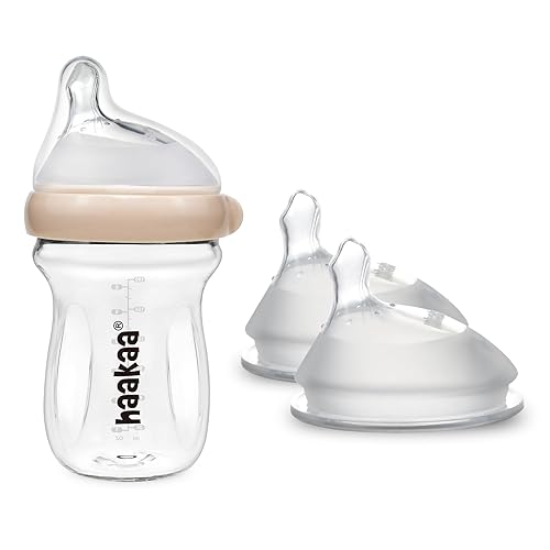 haakaa Biberón de vidrio y Gen.3 Juego de pezones de silicona para biberón, fácil de limpiar, esenciales para recién nacidos, sin BPA