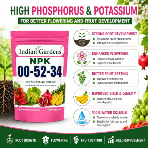 Image of Indian Gardens NPK 00:52:34 Water Soluble Fertilizer (250 Grams) | High Phosphorus & Potassium Plant Nutrient | Promotes Root Development | Suitable for Vegetables, Fruits, Flowers & Garden Plants