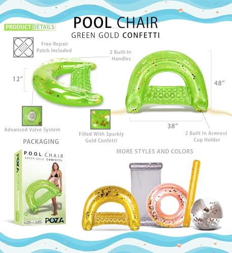 Image of POZA Inflatable Pool Float Chair - Luxurious Lounger Filled with Sparkle Confetti, 2 Built in Cup Holders & Handles, Water Floating Chair for Beach, Lake & Swimming Pool - 48 x 38 Inch