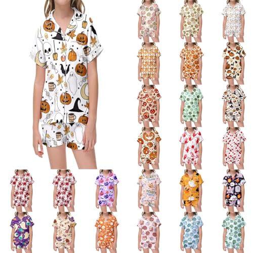 Girls Satin Silk Halloween 𝙋𝙖𝙟𝙖ma Set Pumpkin 𝙎𝙡𝙚𝙚𝙥wears Button Up Spooky Ghost Season 𝙇𝙤𝙪𝙣𝙜ewear with Pockets