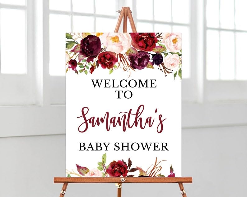 Personalized Baby Shower Welcome Sign, Floral Baby Shower Sign, Burgundy Floral Baby Shower Poster, Burgundy Floral Baby Shower Decorations, Baby Shower Welcome Sign