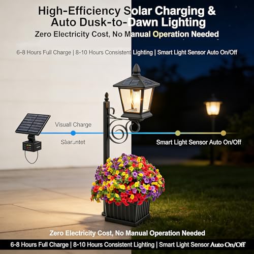 Farola solar 2 en 1 para jardín exterior con macetero integrado resistente al agua 3