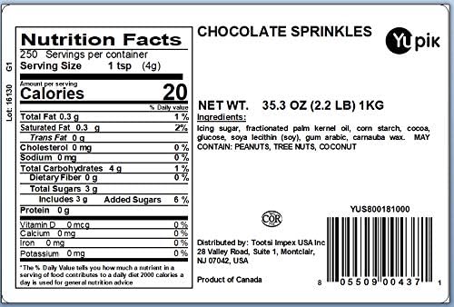 Image of Yupik Oblong Chocolate Flavored Sprinkles, 2.2 lb (35.2 oz) Pack of 6, Low Sugar, Cholesterol-Free, Sodium-Free, Kosher, For Baking and Decorating Ice Cream, Cakes, Cookies, Cupcakes, and Donuts