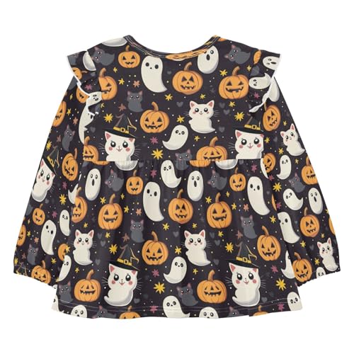 Halloween Pumpkin Specter Cat Girls Shirts Cotton Long Sleeve Ruffle Toddler Tee Tops2