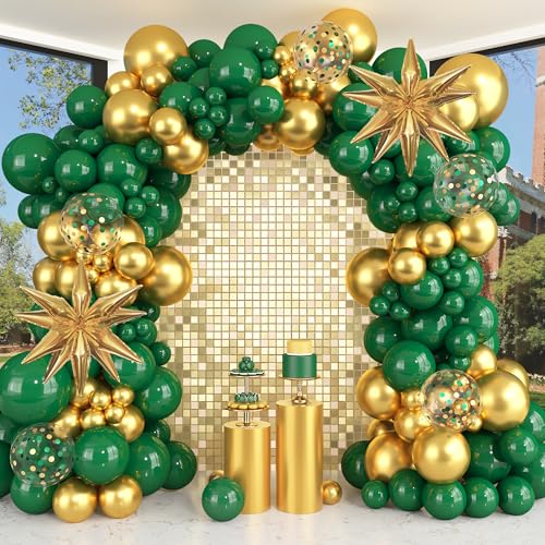 Amandir Green and Gold Balloons Garland Arch Kit for Graduation Party Decorations 145Pcs Green Gold Confetti Balloon with Foil Star for 2026 Graduation College Congrats Grad Class Birthday Supplies
