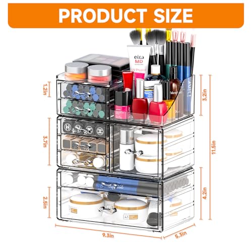 Cq acrylic Clear Makeup Organizer and Storage Stackable Skin Care Cosmetic Display Case with 8 Drawers Make up Stands For Jewelry Hair Accessories Beauty Skincare Product Organizing
