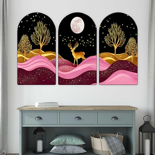 Image of Livin'luxe Deer Wall Art | Set of 3 MDF Panel Paintings | Golden Forest & Moonlight Night Theme Decorative Wall Hanging for Living Room, Bedroom, Office & Home Interiors