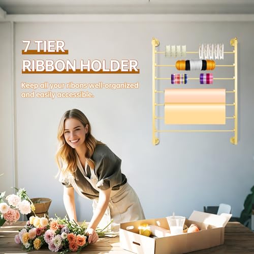 Image of 7 Tier Ribbon Storage Organizer, Wall Mounted Ribbon Organizer, Wrapping Paper Rack, Metal Ribbon Storage for Christmas Gift Craft Room Cake Shop Flower Store Scarf Belt-Gold