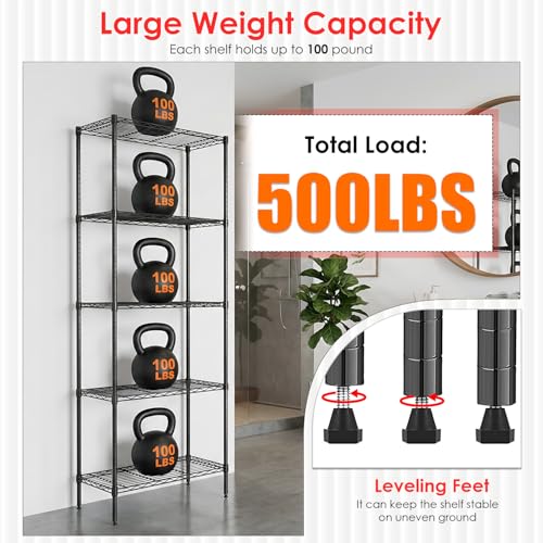 Image of BestOffice | 5-Tier Wire Storage Shelves | 14 x 24 x 60 | Black | with Adjustable Racks | Metal Shelf, Holds Upto 500 lbs | No-Tool Assembly | Ideal for Home & Garage Shelving
