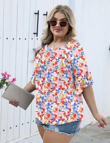 Image of Micoson Womens Plus Size Tops 3 /4 Ruffle Sleeve Crewneck Pleated Shirts