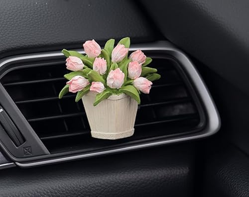 ミニカーエアベントクリップ、アロマストーンディフューザー、エアコン装飾クリップ、車用芳香剤、フレグランスディフューザーエアアウトレットクリップ、芳香器車内美的アクセサリー【精油5ml】ピンクオレンジ鉢植えのチューリップ(ピンク)