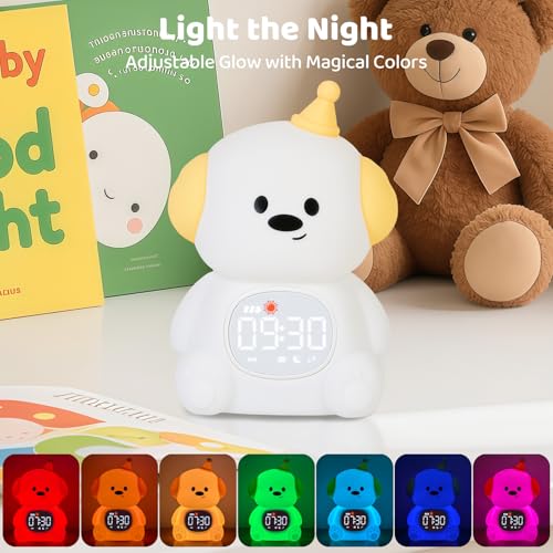 Image of Dog Alarm Clock with Night Light for Kids with Sleep Training and Sound Machine, Rechargeable Silicone Lamp OK to Wake Clock,Cute Animal Tabletop Lamp, Perfect Sleep Companion for Boys Girls