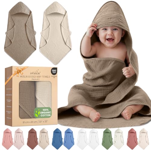 Image of infancie 100% Organic Cotton 2 PK Muslin Baby Hooded Towel Toddler 32x32 in | Oeko-TEX Certified, Bath & Hooded Towels, Baby Towel, Pink Bath Towels, Olive/Ivory Unisex Design, Lightweight yet highly