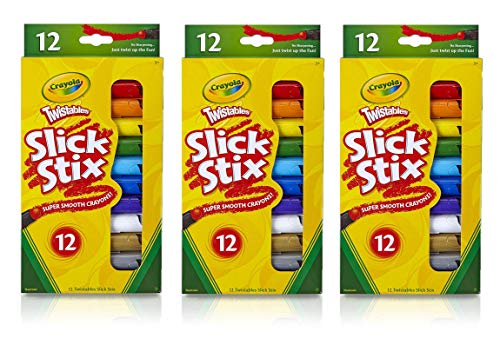 Crayola Twistables Slick Stix Super Smooth Crayons, 12 Non-Toxic, Twist-Up Crayons Art Tools for Kids 3 & Up, No Peeling, No Sharpening, No Broken Crayons, 12 Classic Crayola Colors, Pack of 3