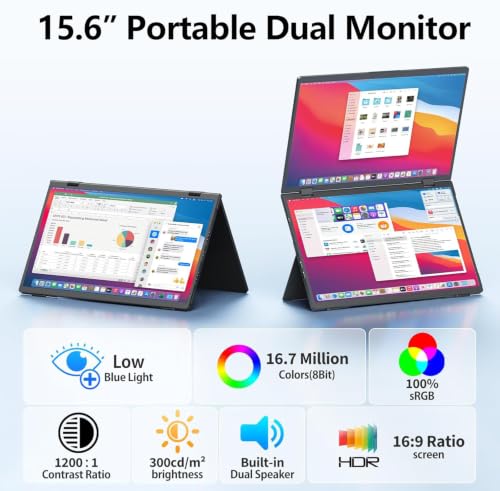 Image of MAGICRAVEN Portable Dual Monitor for Laptop, 1080P FHD IPS 100% sRGB Triple Screen,Plug & Play No Driver,Foldable Laptop Screen Extender,Compatible with Mac, Windows, 15.6 inch