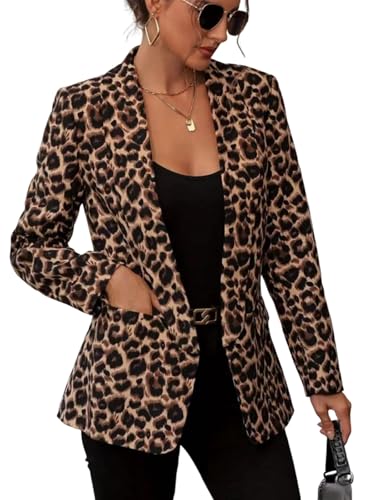 utcoco Women 2025 Fashion Leopard Blazers Business Casual Open Front Blazer Work Office Suit Jackets with Pockets (X-Large, Brown)