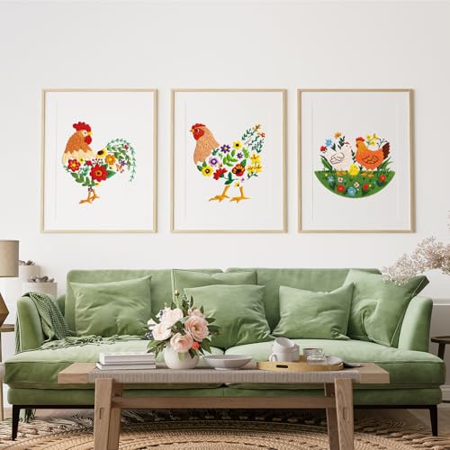 Image of Louise Maelys 3 Packs Chicken Embroidery Kit for Beginners, Cross Stitch Kits for Adults, Art Craft Starters Needlepoint kit with Rooster,Hen and Farm Lawn Embroidery Pattern and Complete Set of Tools