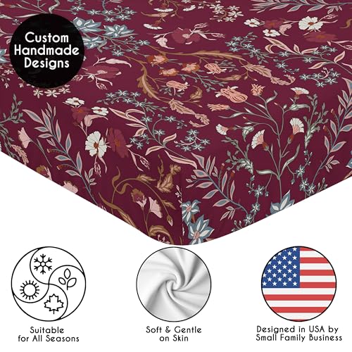 Image of Sweet Jojo Designs Fitted Baby Crib Sheets (Burgundy Red Wildflower Vintage Floral) for Girls, Infant Nursery, Toddler Room - Standard Size (Boho, Paisley, Bohemian, Cottagecore, Farmhouse, Flower)