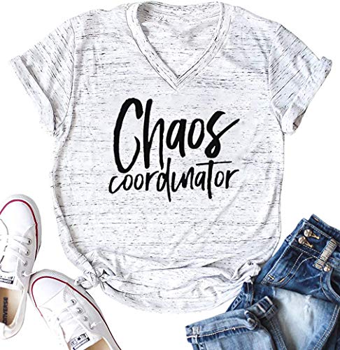 Chaos Koordinator T Shirt Frauen Lustig Brief Druck T-Shirt Tees Casual Lose V-Ausschnitt Kurzarm Tops Bluse - Grau - Mittel