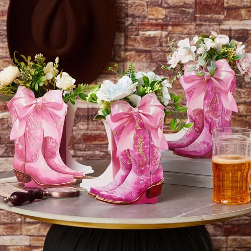 Image of 12 Set Pink Western Cowgirl Bow Boots Flower Boxes Centerpiece Boot Shape Gift Boxes Western Party Decoration Vase Centerpiece for Table Boots for Rodeo Birthday Baby Shower Wedding Supplies
