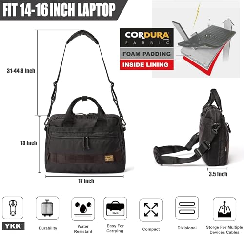 Image of Rough Enough 16 Inch Laptop Bag Briefcase with Shoulder Strap Cordura Black | Cordura fabric, YKK zippers, 8 pockets, padded laptop sleeve, detachable shoulder strap, lightweight for daily work or travel