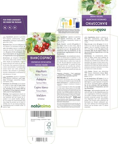 Weißdorn (Crataegus oxyacantha) Blüten und Blätter Alkoholfreier Urtinktur Naturalma - Flüssig-Extrakt Tropfen 120 ml - Nahrungsergänzungsmittel - Veganer