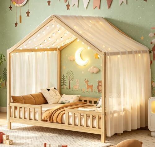 Image of Bellemave Full House BedFrame with Canopy and Rails, Montessori Bed, House Bed with Rails for Kids, Natural