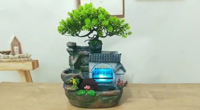 11" Desktop Fountain Rock Waterfall Humidifier with Artificial Tree &LED Light, Tabletop Water Fountains Indoor Fake Plant Bonsai Tree Feng Shui Decoration for Aquariums Office Bedroom Home Décor