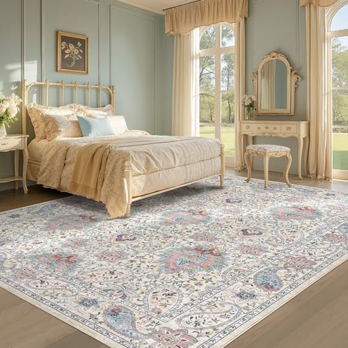 Tortania Area Rug Living Room Rugs - 6x9 Washable Boho Rug Vintage Oriental Distressed Farmhouse Large Thin Indoor Carpet for Living Room Bedroom Under Dining Table Home Office - Pink Blue