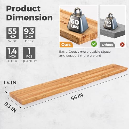 Image of Live Edge Elm Floating Shelves For Wall - 55 inch W x 9.3 inch D Rustic Solid long Wood Shelves with Invisible Bracket, Wall-Mounted Storage & Display Shelf for Living Room Bedroom Kitchen, Set of 1, Natural