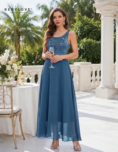 Image of BeryLove Sequin Dress for Woman Vintage A Line Wedding Formal Swing Mesh Dress Sleeveless Cocktail Maxi Gowns