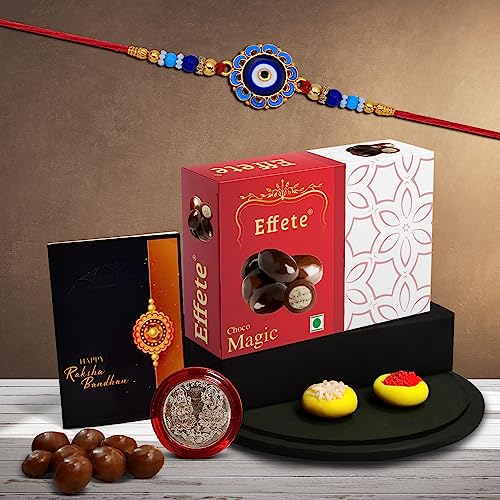 Image of DeoDap (K1 275 EM32) Rakhi Combo with Chocolate Magic 32gm, Rakhi for brother with gift, chocolate gift pack, rakhi with Chocolate Gift Hemper, Fancy Rakhis for men, Set of 1 Rakhi