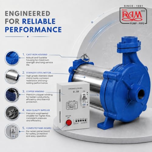 Image of V5 BLU 0.5 HP Domestic Open Well Submersible Pump | with Penal Bord | 1 Phase Water Pump for Home, Farm & Tank Filling | Heavy Duty Copper Motor | High Water Flow