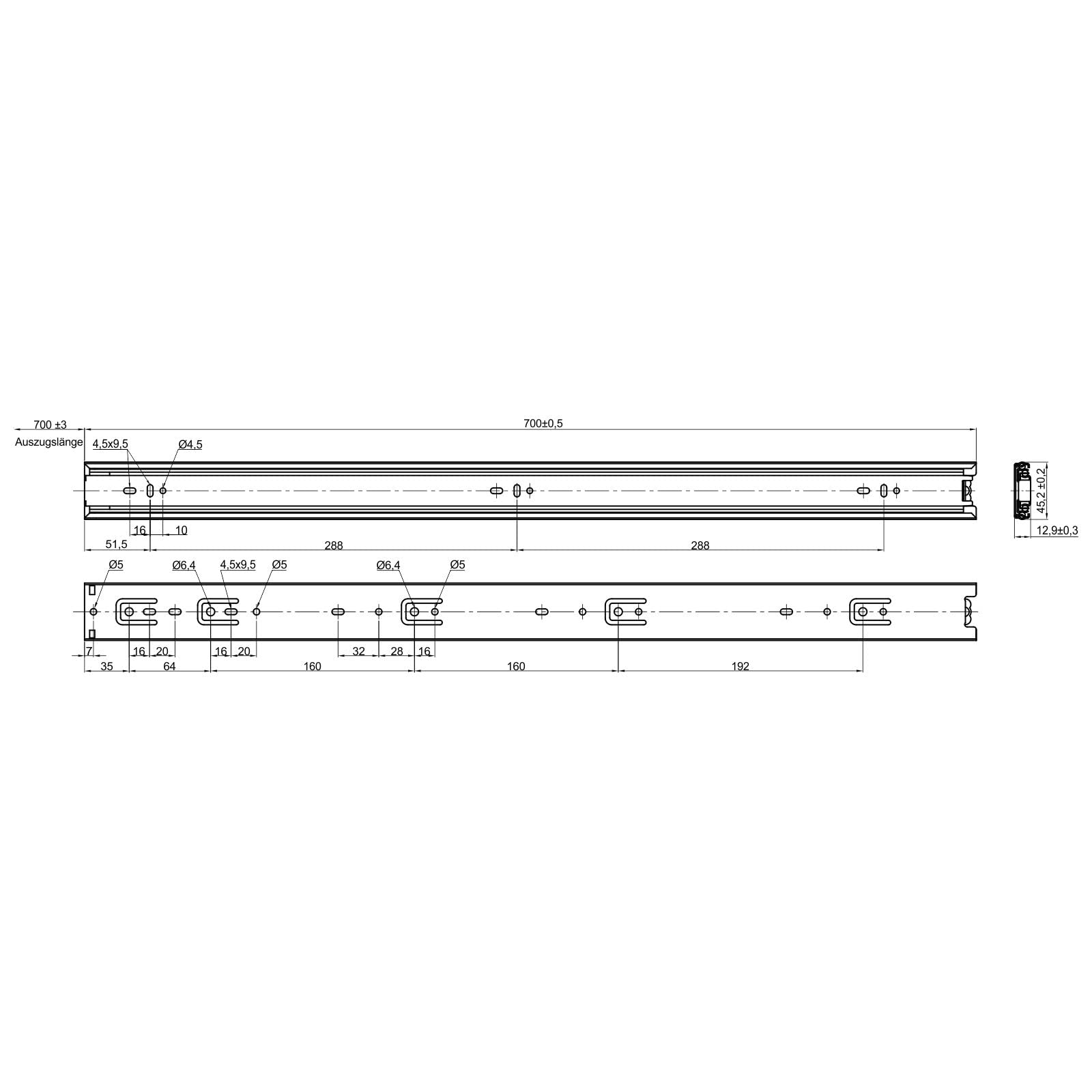 SOTECH 1 Paar Edelstahl Vollauszüge KV7-45-H45-L700-NF 700 mm
