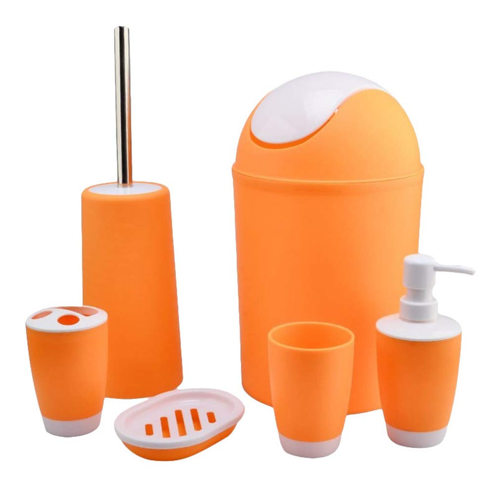 MisFox 6-Pieces Bathroom Accessory Set, Modern Stylish Solid Color Toilet Accessories Set Include Lotion Dispenser, Flip Trash Can, Toothbrush Holder, Tooth Mug, Toilet Brush & Soap Dish - Orange