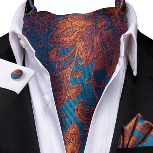 Image of Hi-Tie Silk Ascot for Men Self Tie Men's Cravat and Flower Lapel Pin Handkerchief Cufflinks Set for Wedding Party