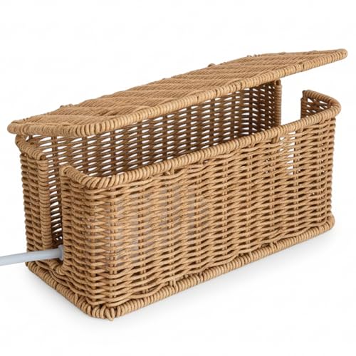 Gemuseeee Caja organizadora de Cables de ratán Tejido a Mano de 31, 5 x 13 x 13 cm, Color marrón, con Tapa, para Ocultar regletas y Cables, Ideal para Escritorio, TV u Oficina.