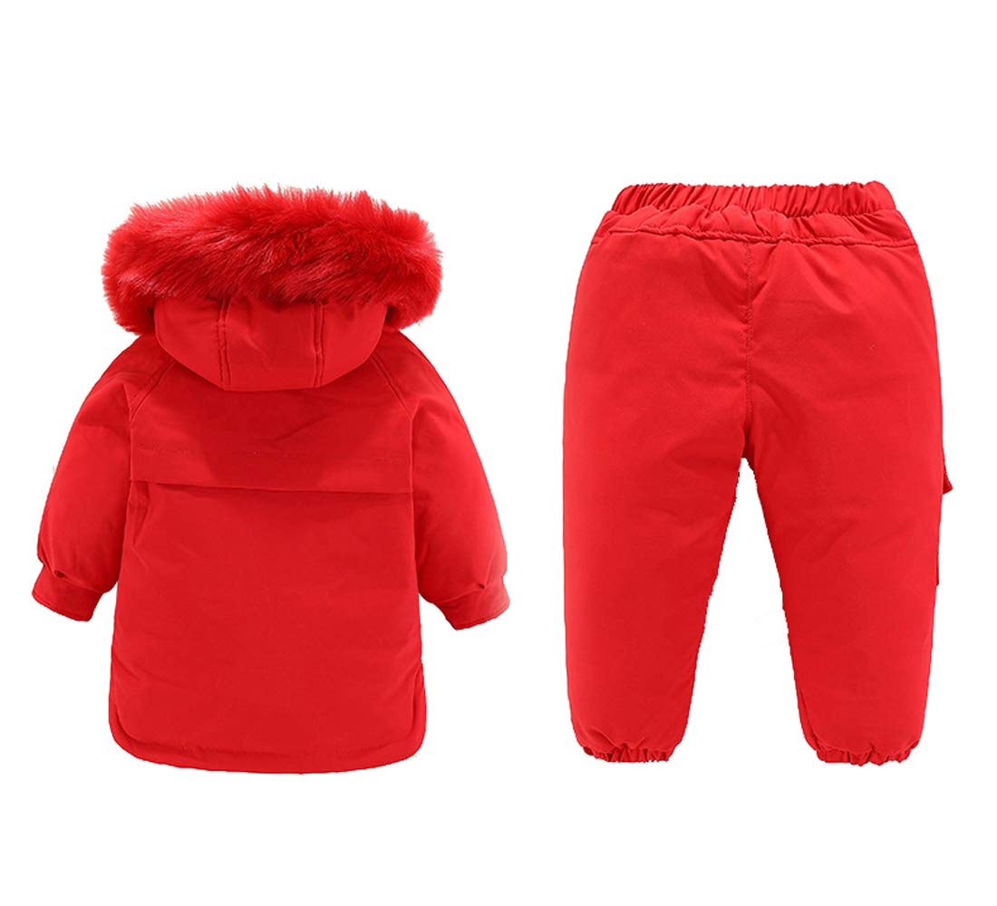 Ding-dong Baby Kid Boy Girl Winter Waterproof Hooded Fur Down Parka Puffer Jacket+Snow Pants 2-Piece Set(Red,18-24M)