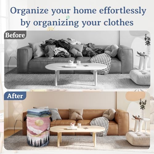Image of Mountains Laundry Basket,Foldable Oxford Cloth Sun Forest Golden Pink Laundry Hamper with Handles, 20.8 inchx16 inch Tote Bag Clothes Storage Bucket for Laundry Room /Bathroom /Bedroom /Dormitories