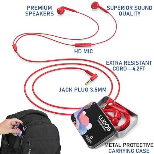 Image of LUDOS FEROX Wired Earbuds in-Ear Headphones, 5 Year Warranty, Earphones with Microphone, Noise Isolation Corded for 3.5mm Jack Ear Buds for iPhone, Samsung, Laptop, Kids, School Students - Red