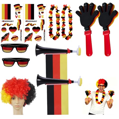 Deutschland Fanartikel Set 11-Teilig WM 2026 Fanartikel Fußball Fanausrüstung mit Deutschland Brille Klatschpappe Tröten Blumenkette Perücke Fan-Tattoos Perfekt für Fußballspiele Public Viewing