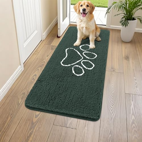 Image of Smiry Dog Door Mat for Muddy Paws, Absorbent Dirt Trapper Non Slip Quick Dry Washable Chenille Mat for Mud Dogs, Entry Rug for Indoor and Outdoor (47x24 Inches, Green and White)